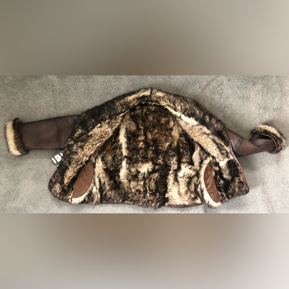 New Vintage European 90s Y2K brown leather shearling crop short jacket S Small - Picture 8 of 11